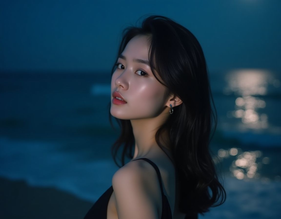 Existing example portrait beside the ocean at blue hour